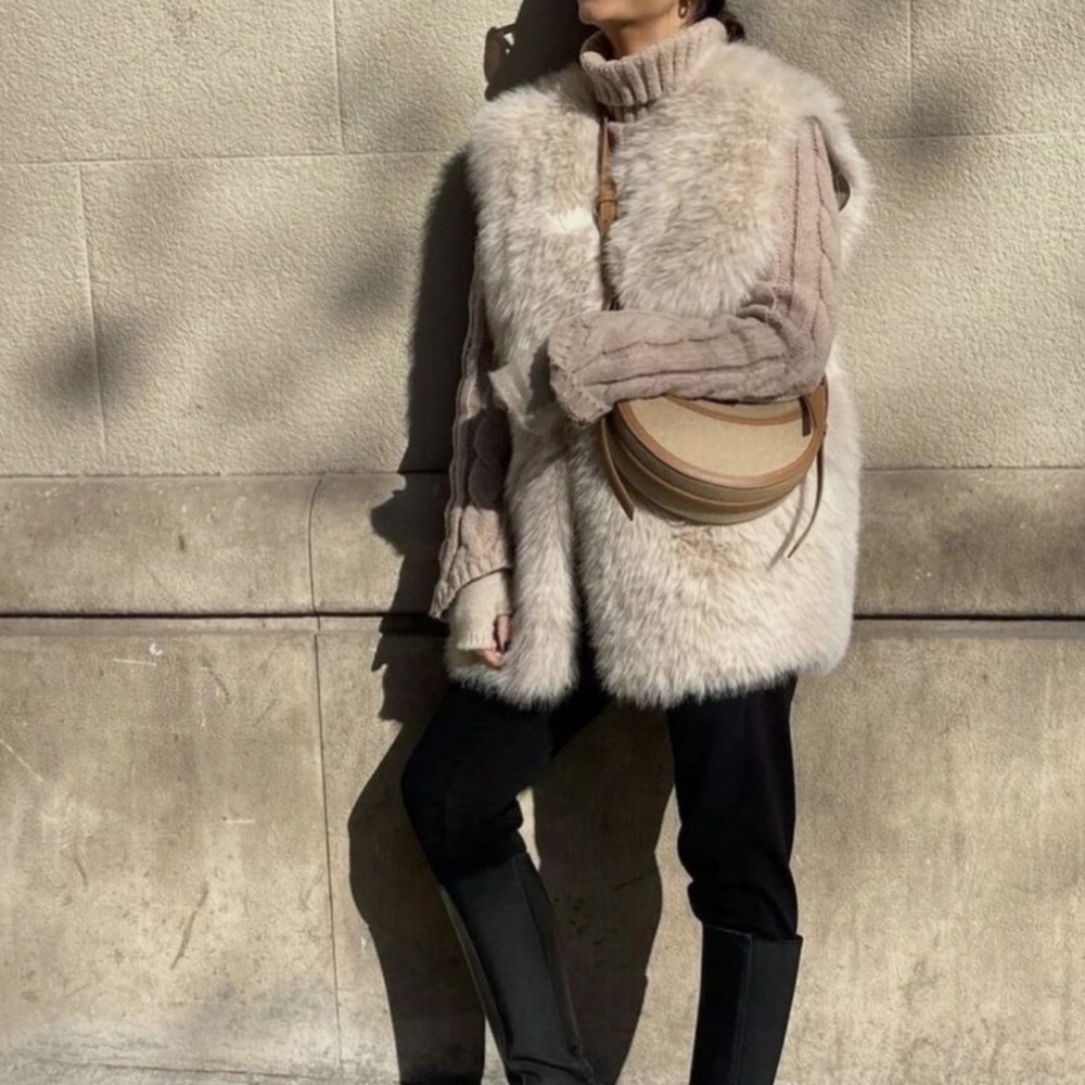 Zara Cream Faux Fur Vest with Beige Knit Details
